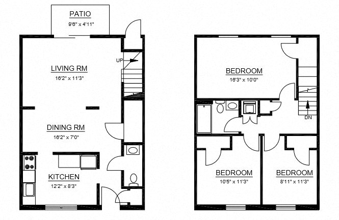 Floor plan for 3 beds, 1.5 baths, 1214 sqft